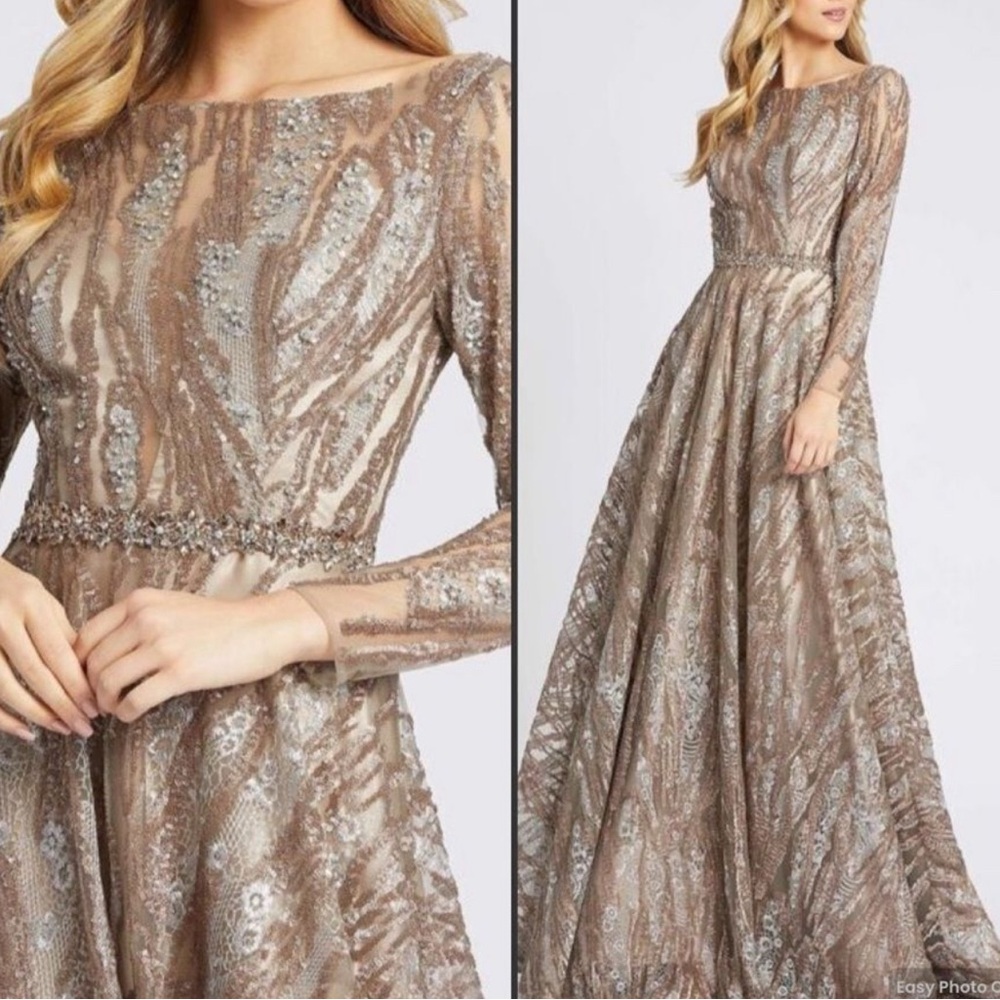 Mac Duggal Metallic Long Sleeve Gown mocha color